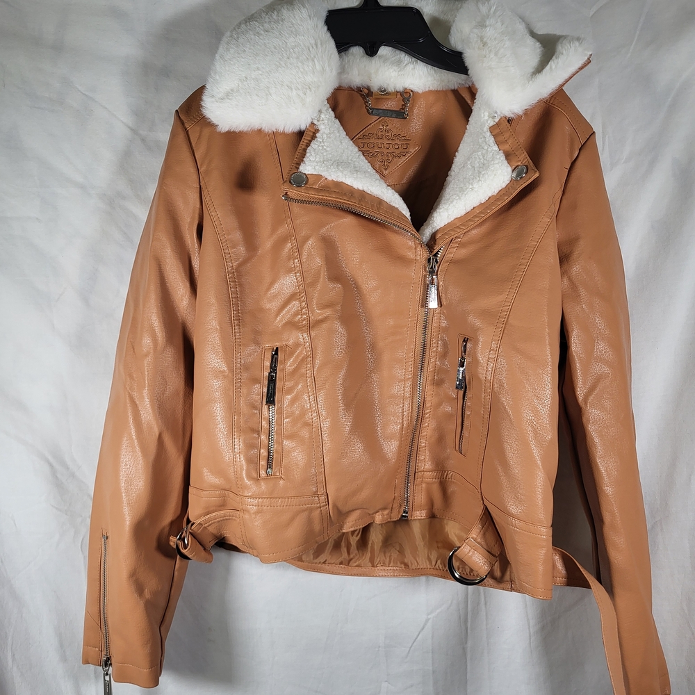 Nwt Girls Size XL Jou Jou Tan Vegan Leather Jacket with White Faux Fur Collar